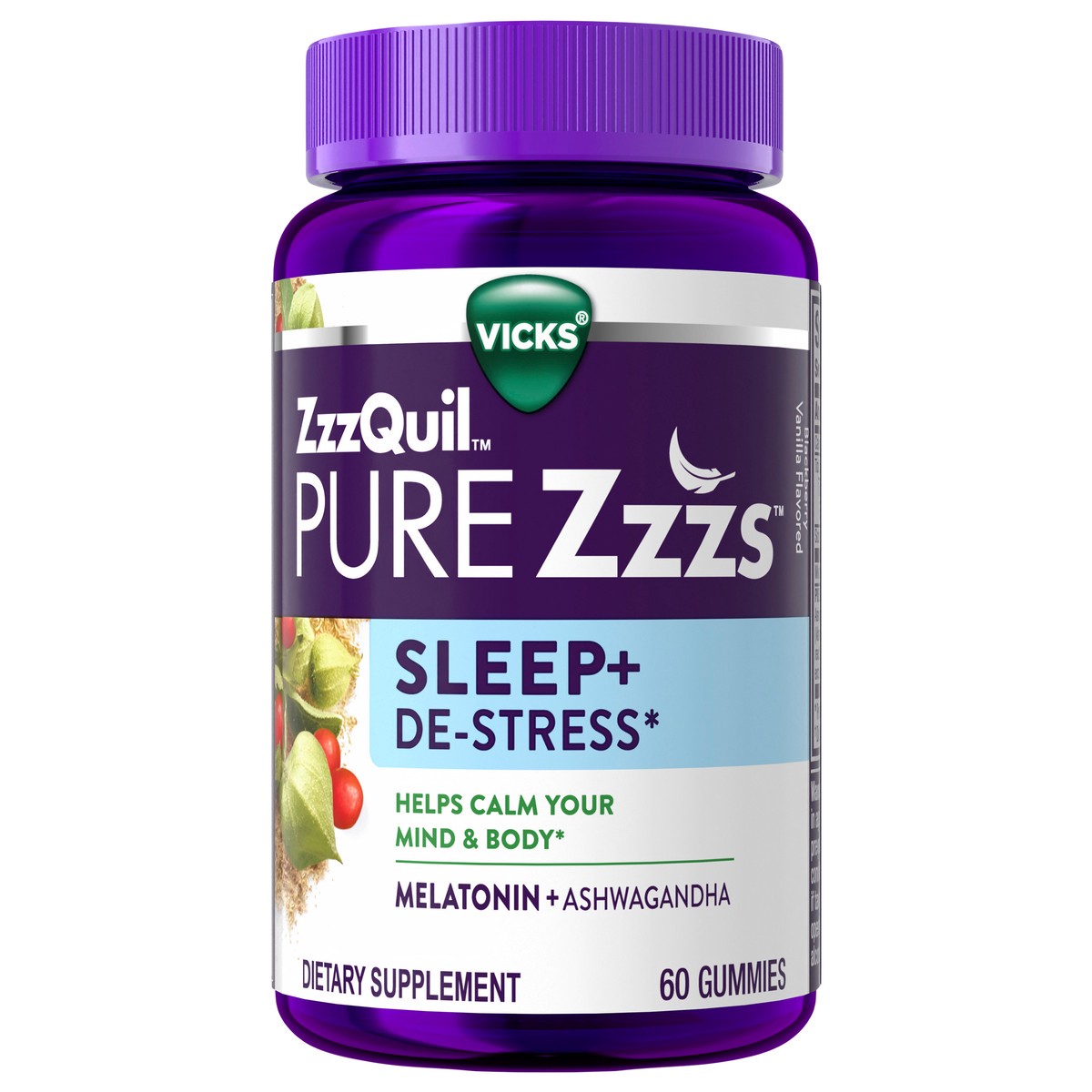 slide 1 of 2, Vicks ZzzQuil PURE Zzzs De-Stress Gummy, Melatonin Gummies, Sleep Aid, Melatonin 2mg, Ashwagandha for Stress Support, Melatonin Sleep Gummies, Sleep Aids for Adults, 60 Sleep Gummies, 60 ct