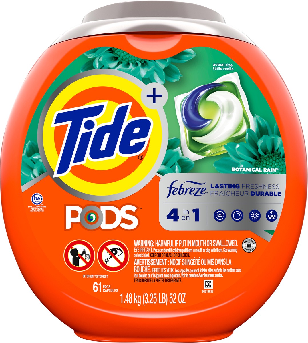 slide 4 of 5, Tide PODS Liquid Laundry Detergent Pacs with Febreze, Botanical Rain, 61 count, 61 ct