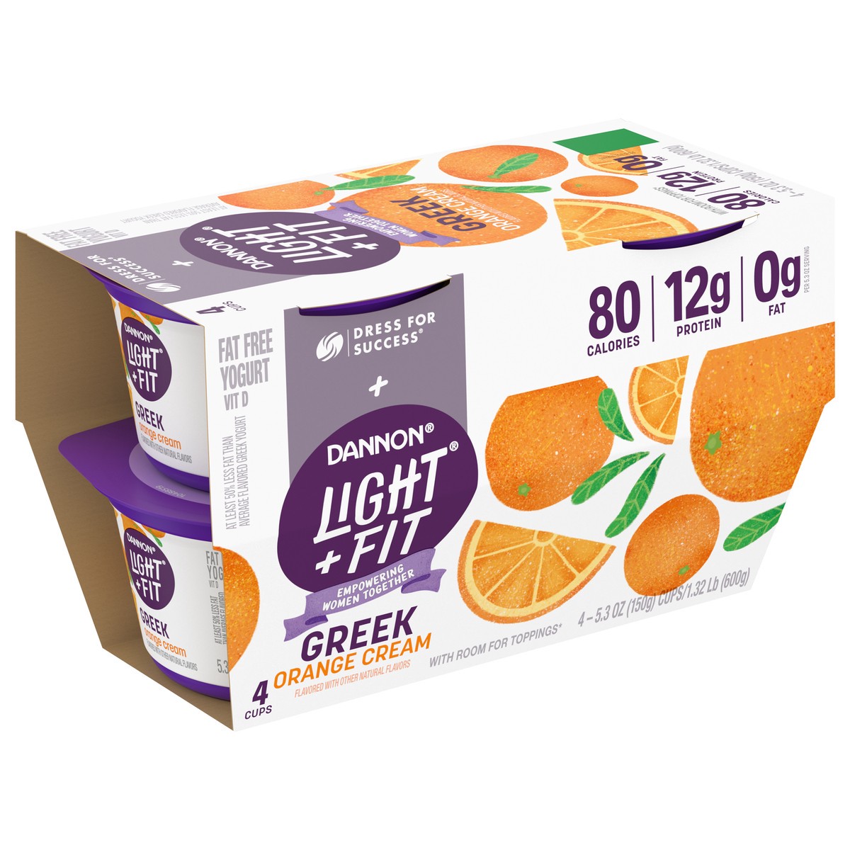 slide 2 of 7, Light + Fit Dannon Light + Fit Orange Cream Greek Nonfat Yogurt, Creamy and Delicious Gluten Free Yogurt, 4 Ct, 5.3 OZ Yogurt Cups, 5.3 oz