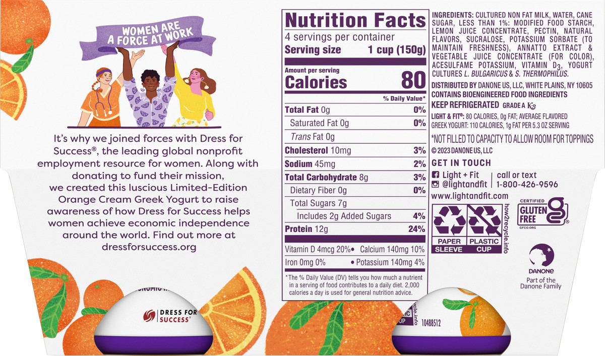 slide 6 of 7, Light + Fit Dannon Light + Fit Orange Cream Greek Nonfat Yogurt, Creamy and Delicious Gluten Free Yogurt, 4 Ct, 5.3 OZ Yogurt Cups, 5.3 oz