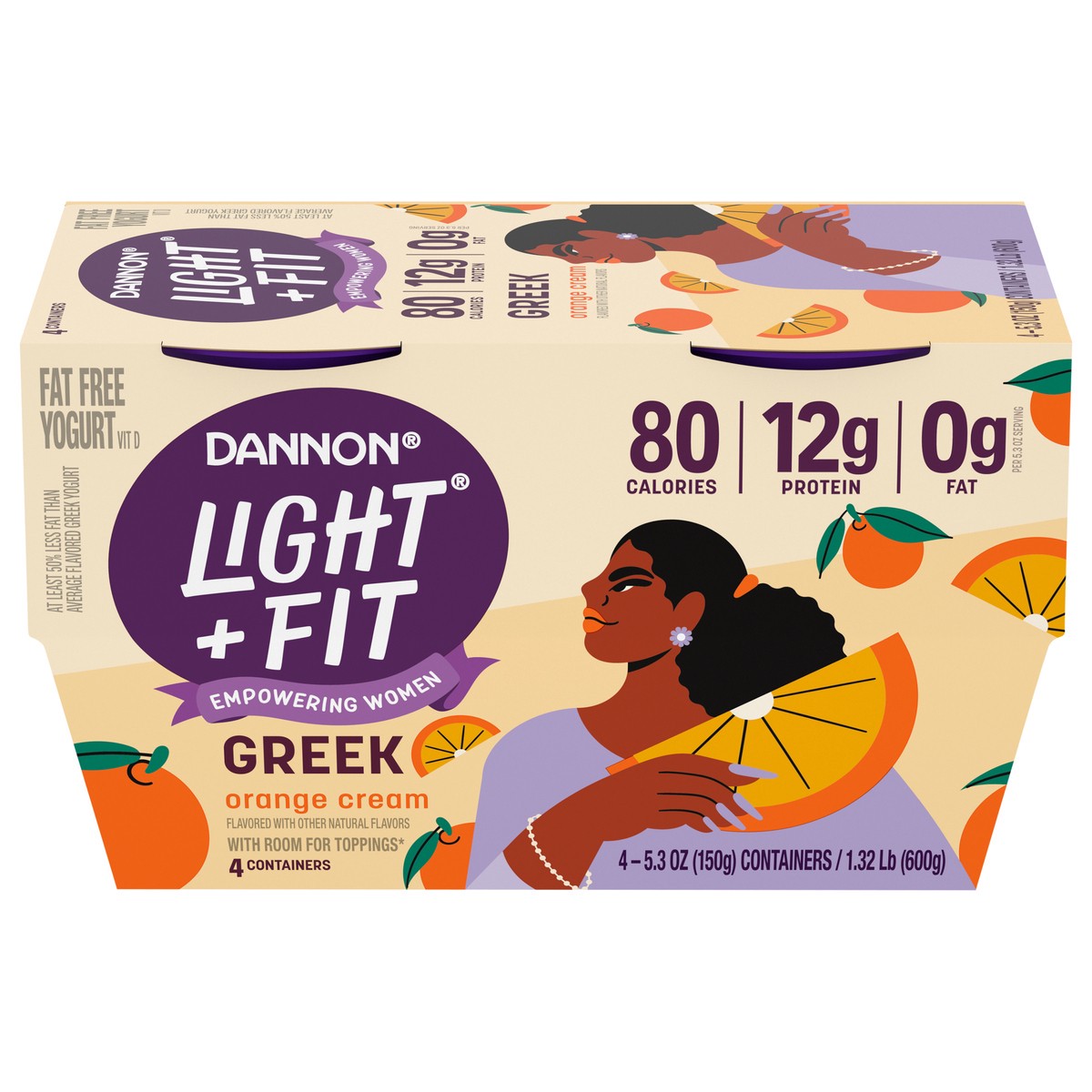 slide 1 of 7, Light + Fit Dannon Light + Fit Orange Cream Greek Nonfat Yogurt, Creamy and Delicious Gluten Free Yogurt, 4 Ct, 5.3 OZ Yogurt Cups, 5.3 oz