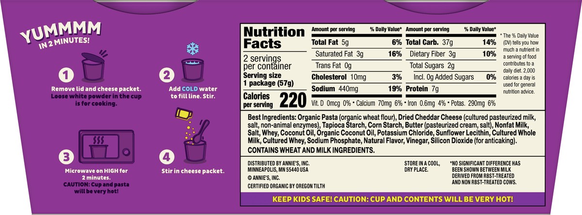 slide 4 of 9, Annie's Macaroni and Cheese, White Cheddar & Organic Pasta, Microwaveable Cups, 2 Cups, 4.02 oz., 2 ct