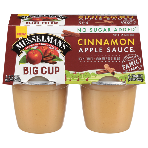 slide 1 of 1, Musselman's Big Cup No Sugar Added Cinnamon Apple Sauce 4 - 6 oz Cups, 4 ct; 24 oz