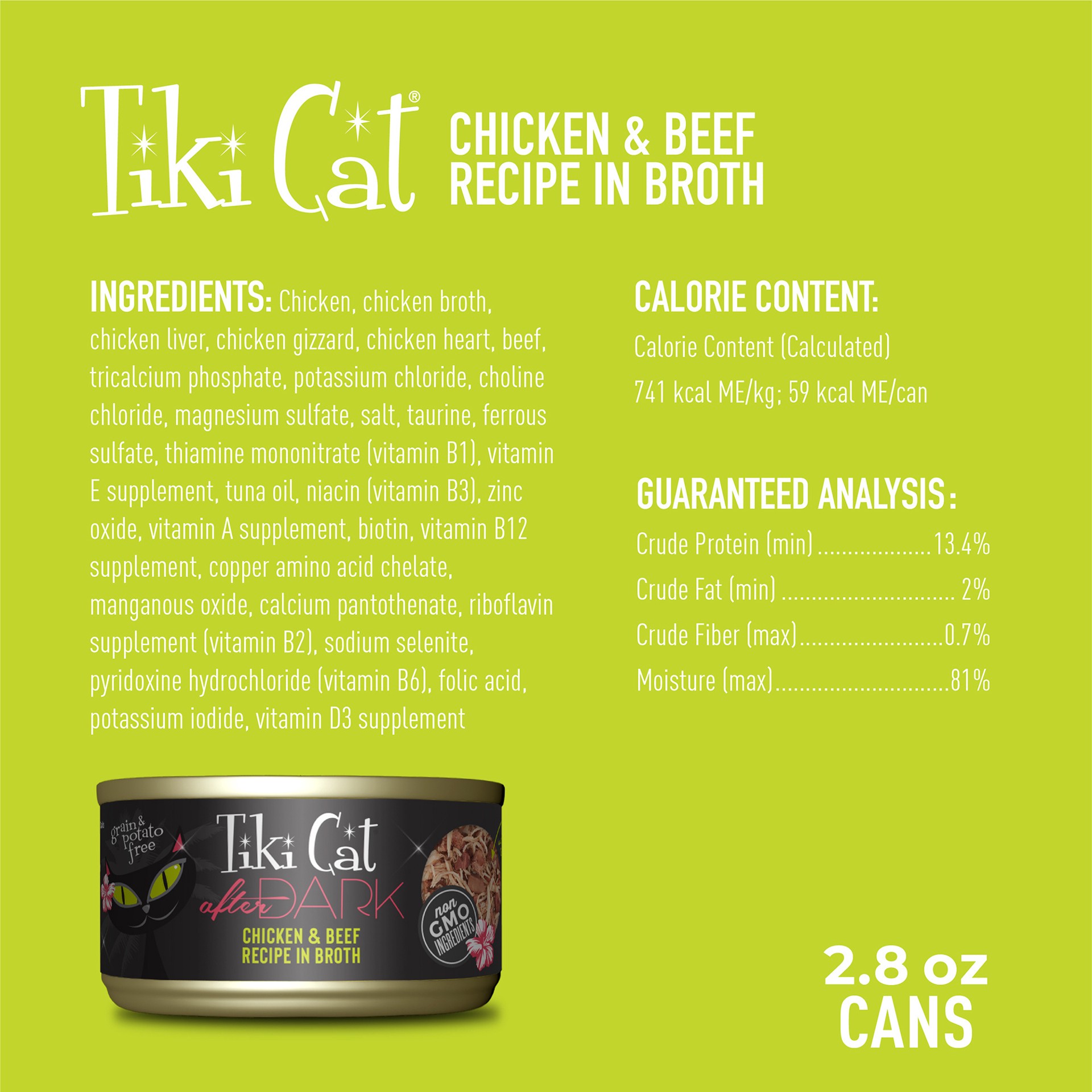 slide 2 of 8, Tiki Cat After Dark Whole Foods Wet Cat Food, Chicken & Beef, 2.8 oz. Can (12 Count), 2.8 oz