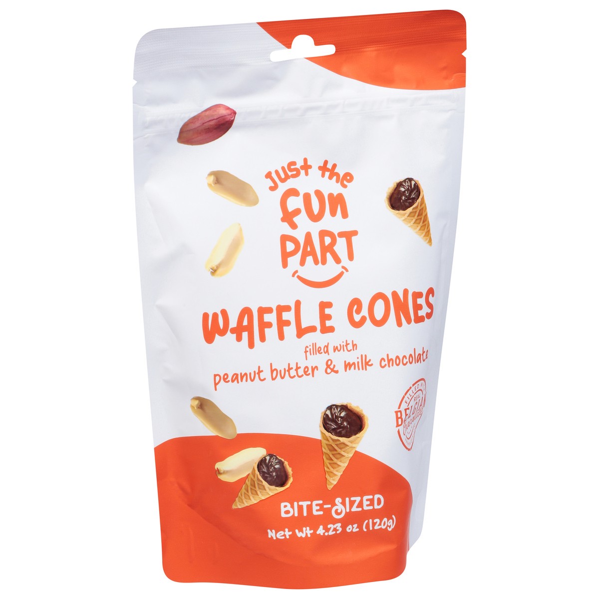 slide 8 of 9, Just The Fun Part Waffle Cones, Peanut Butter & Milk Chocolate, Bite-Sized - 4.23 oz, 4.23 oz