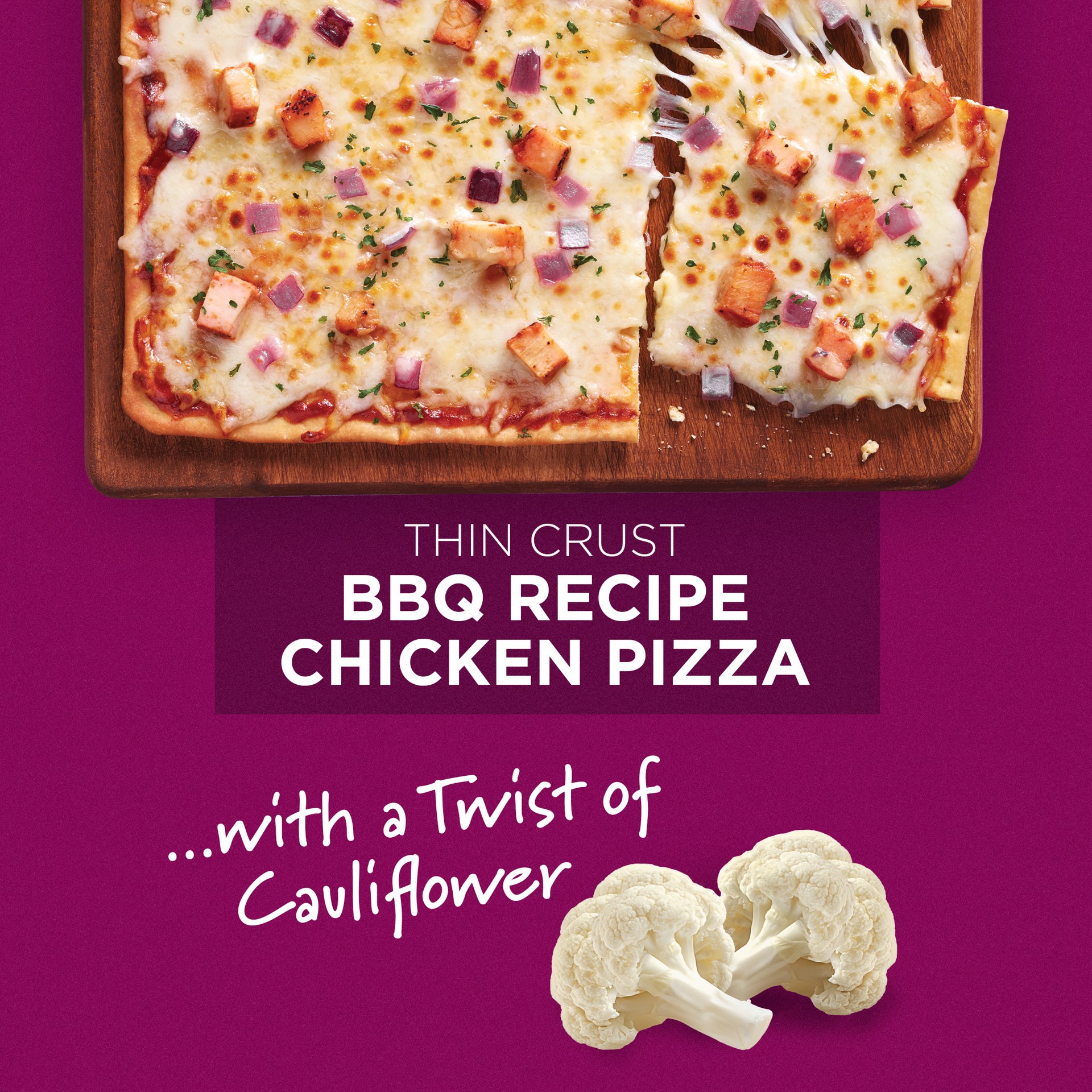 slide 7 of 7, O, That's Good! BBQ Recipe Chicken Frozen Pizza with Cauliflower Thin Crust, Red Onions, Parsley & Mozzarella, 14.7 oz Box, 14.6 oz