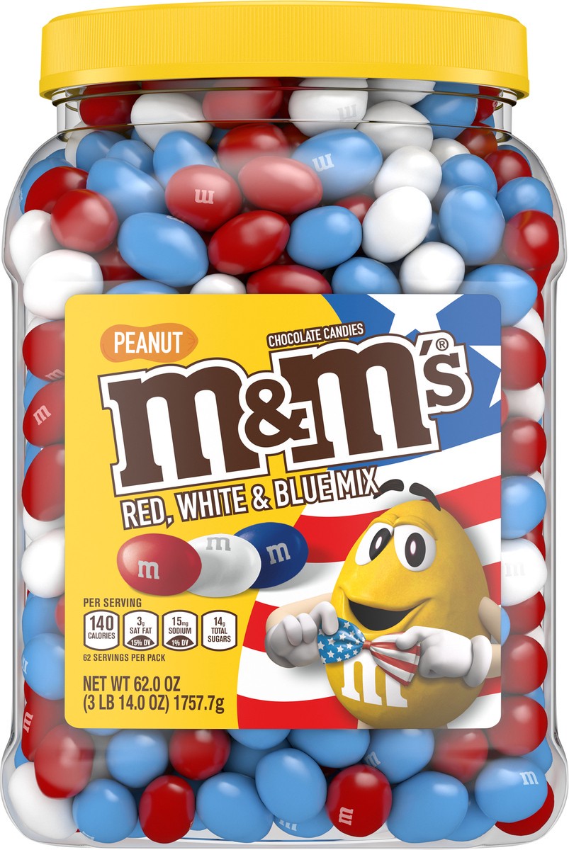 slide 1 of 8, M&M'S Peanut Milk Chocolate Red, White, & Blue America Mix Bulk Candy Jar, 62oz, 62 oz