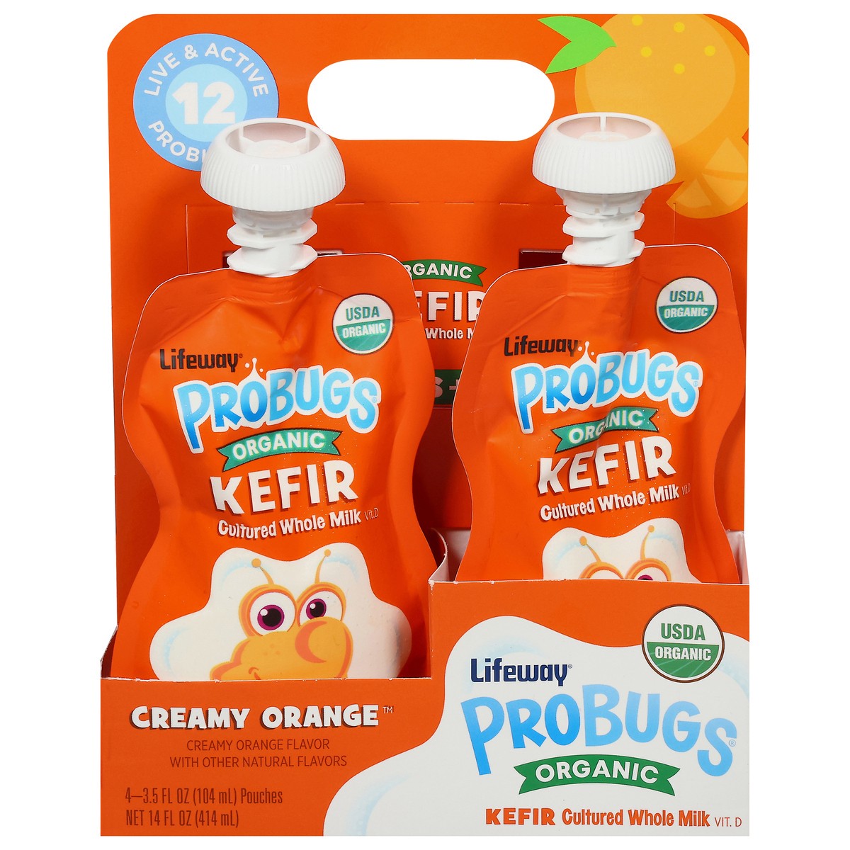 slide 1 of 10, Lifeway Probugs Organic Kefir Cultured Whole Creamy Orange Milk 4 - 3.5 fl oz Pouches, 4 ct