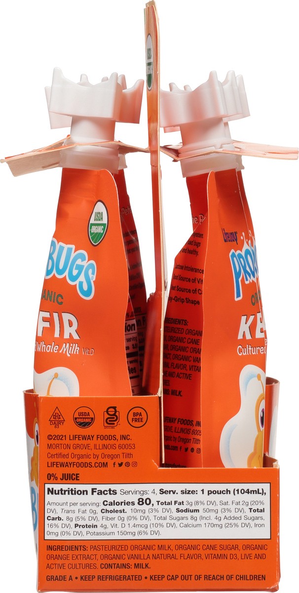 slide 4 of 10, Lifeway Probugs Organic Kefir Cultured Whole Creamy Orange Milk 4 - 3.5 fl oz Pouches, 4 ct