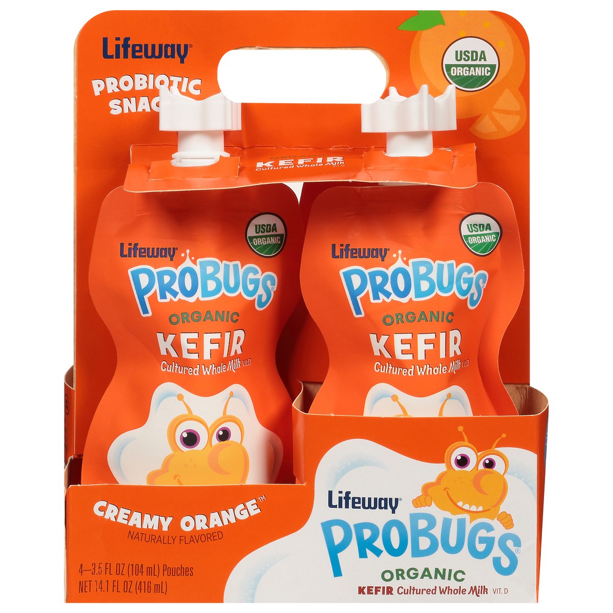 slide 1 of 10, Lifeway Probugs Organic Creamy Orange Kefir 4 - 3.5 fl oz Pouches, 4 ct