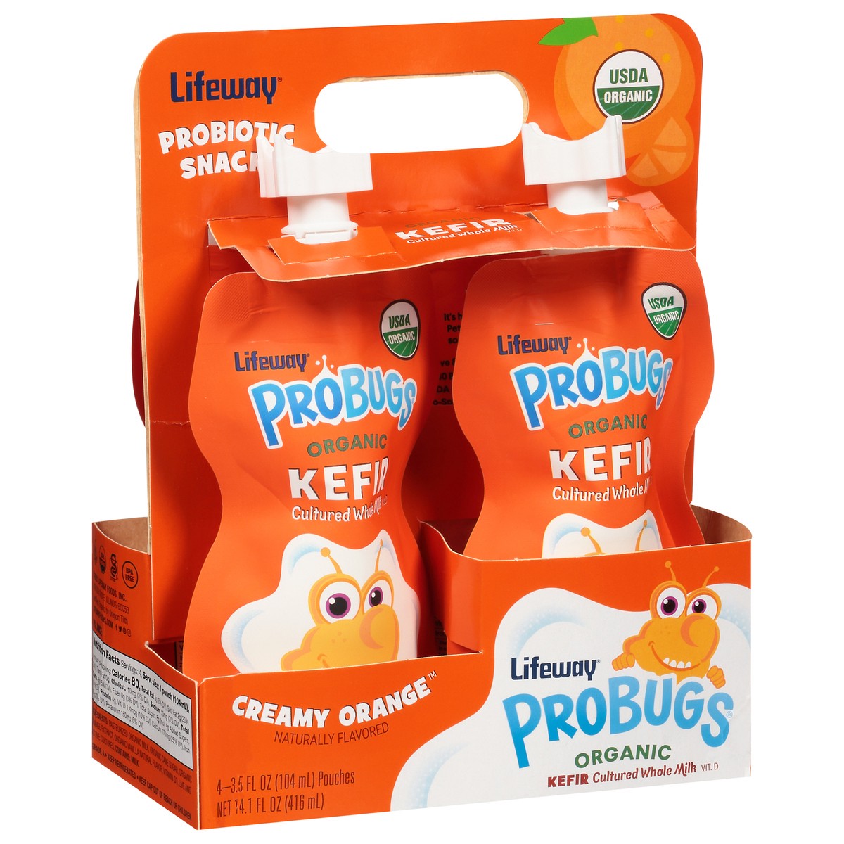 slide 5 of 10, Lifeway Probugs Organic Kefir Cultured Whole Creamy Orange Milk 4 - 3.5 fl oz Pouches, 4 ct