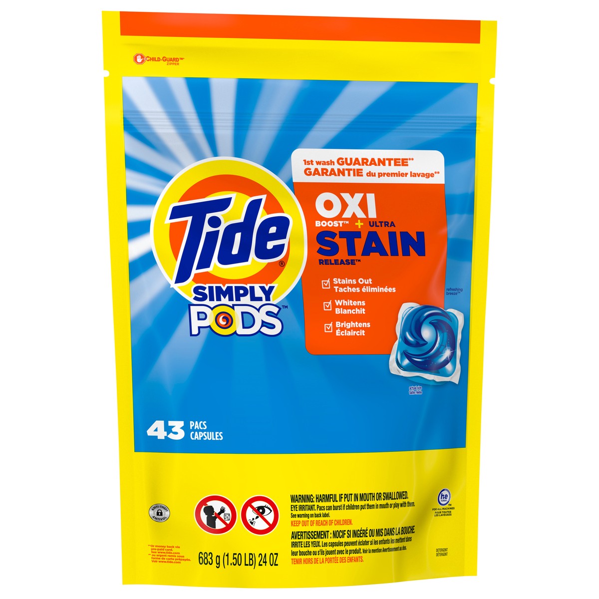 slide 2 of 8, Tide Simply PODS Oxi + Ultra Stain Release Liquid Laundry Detergent Pacs, Refreshing Breeze, 43 count, 43 ct