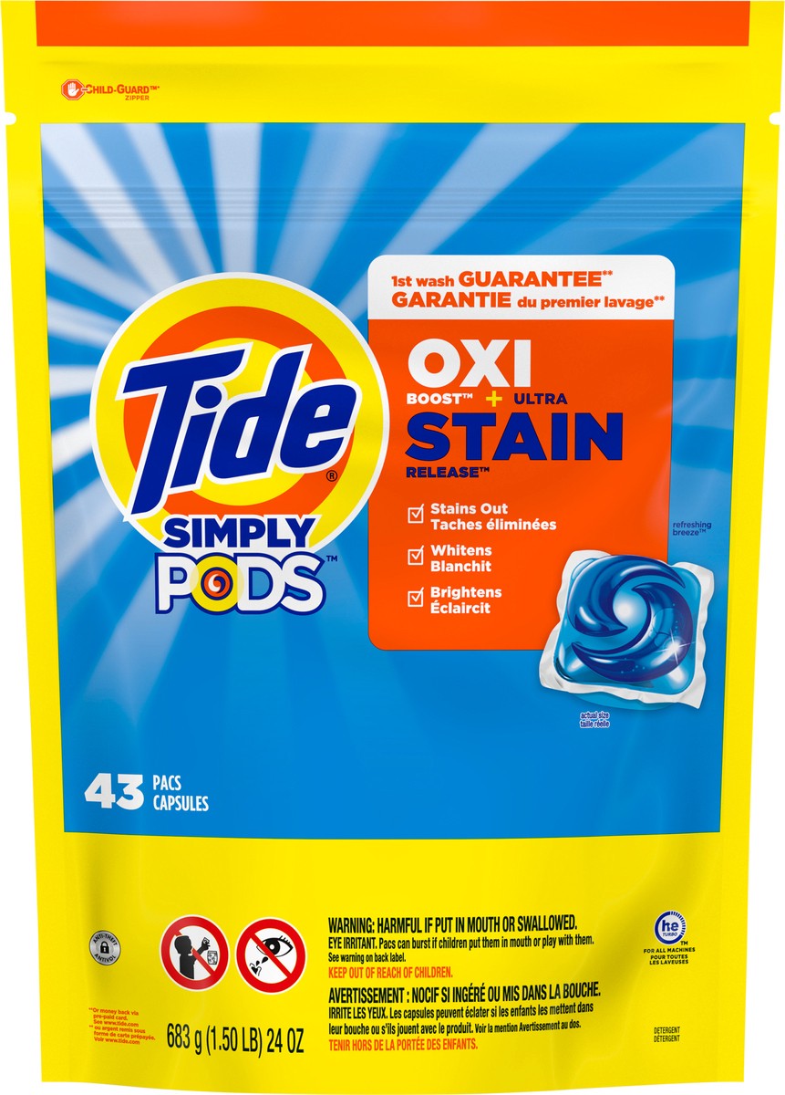 slide 5 of 8, Tide Simply PODS Oxi + Ultra Stain Release Liquid Laundry Detergent Pacs, Refreshing Breeze, 43 count, 43 ct