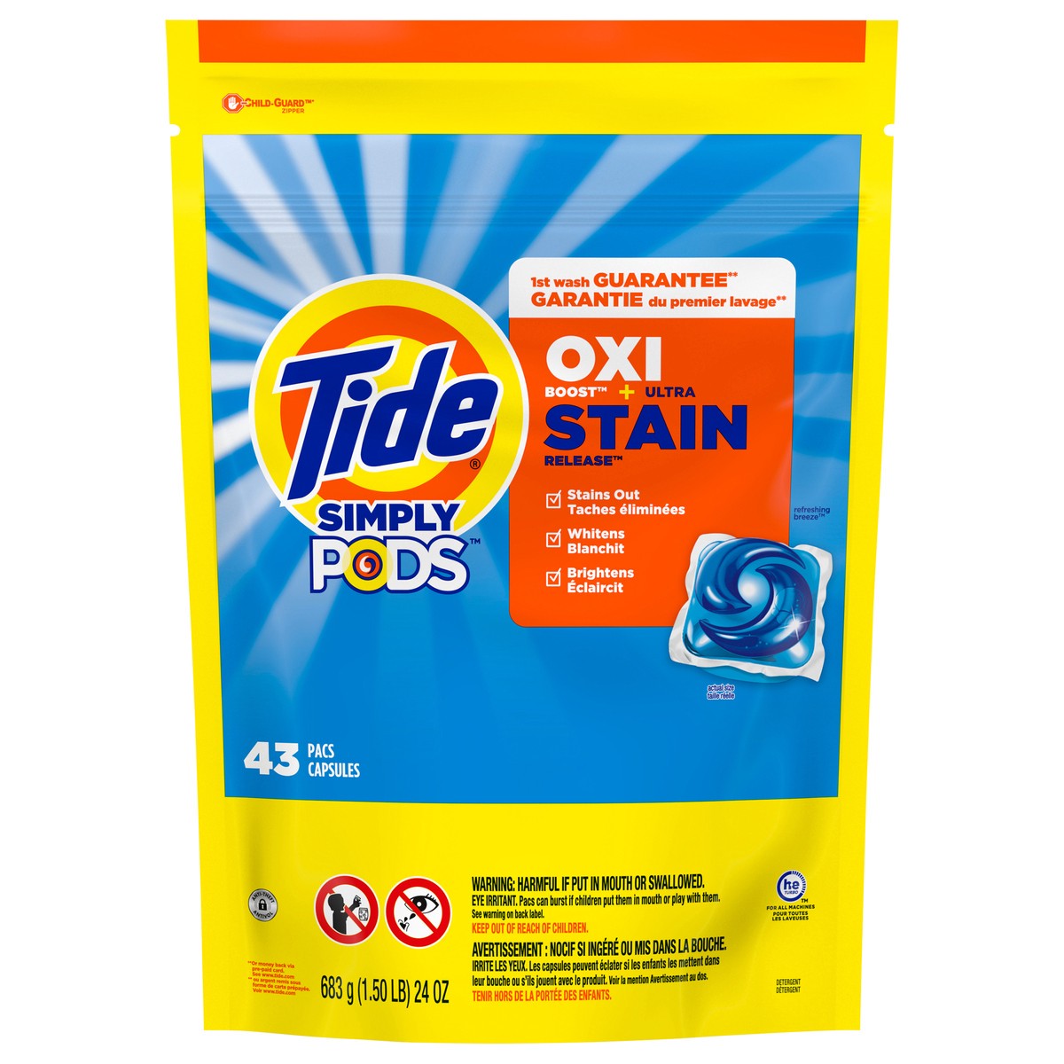 slide 1 of 8, Tide Simply PODS Oxi + Ultra Stain Release Liquid Laundry Detergent Pacs, Refreshing Breeze, 43 count, 43 ct