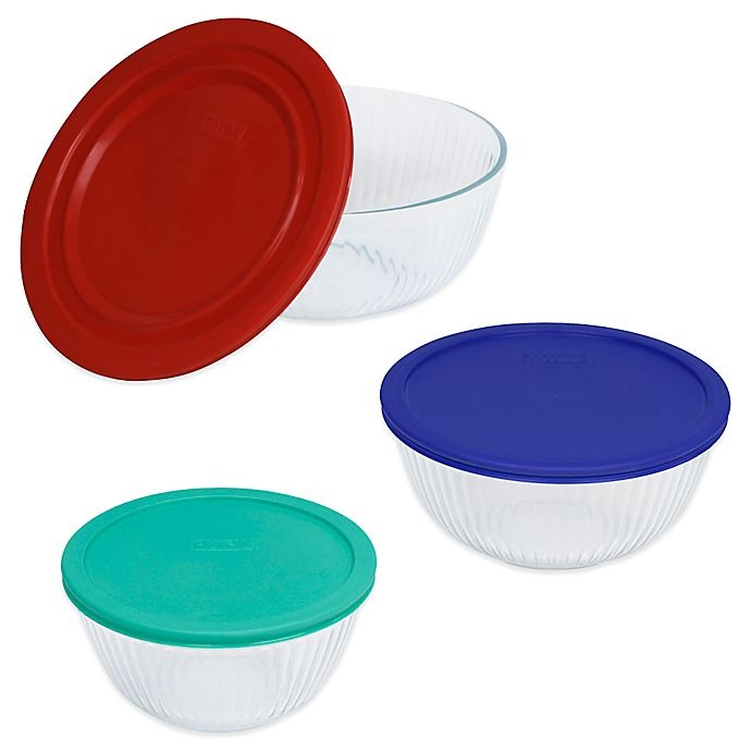 slide 1 of 1, Pyrex Glass Mixing Bowls with Lids Set, 3 ct