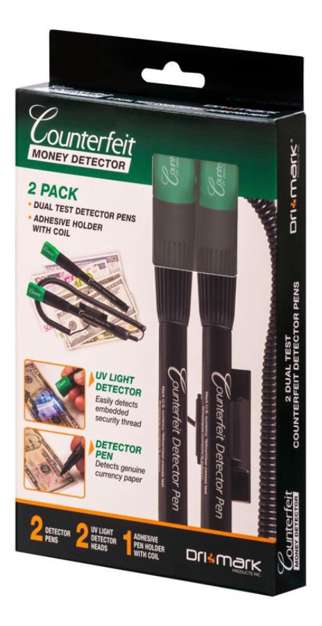 slide 2 of 4, Dri-Mark® Dual-Test Counterfeit Detection Pens With UV LED Light, Black, Pack Of 2 Pens, 2 ct