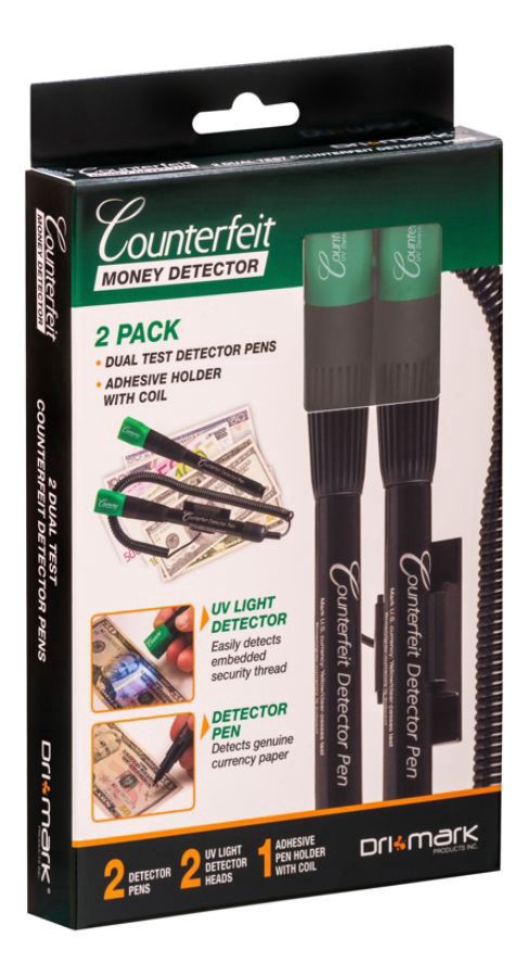 slide 3 of 4, Dri-Mark® Dual-Test Counterfeit Detection Pens With UV LED Light, Black, Pack Of 2 Pens, 2 ct