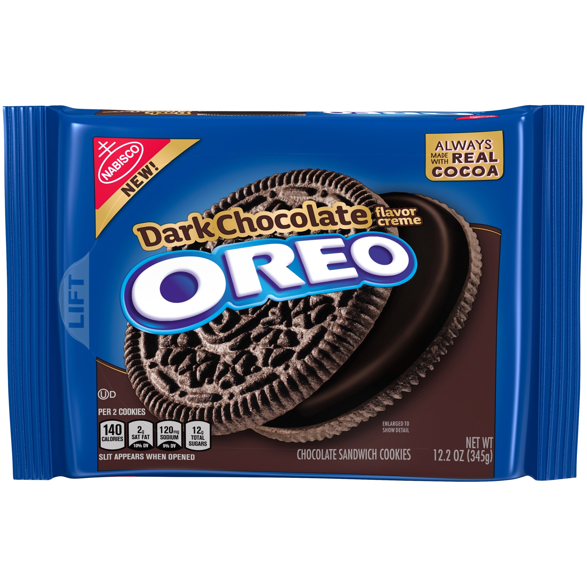 slide 1 of 10, OREO Chocolate Sandwich Cookies, Dark Chocolate Flavored Creme, 1 Resealable 12.2 oz Pack, 0.8 lb