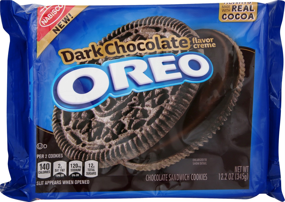 slide 7 of 10, OREO Chocolate Sandwich Cookies, Dark Chocolate Flavored Creme, 1 Resealable 12.2 oz Pack, 0.8 lb