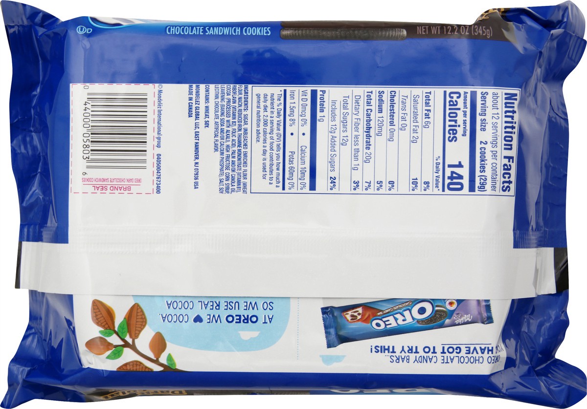 slide 8 of 10, OREO Chocolate Sandwich Cookies, Dark Chocolate Flavored Creme, 1 Resealable 12.2 oz Pack, 0.8 lb