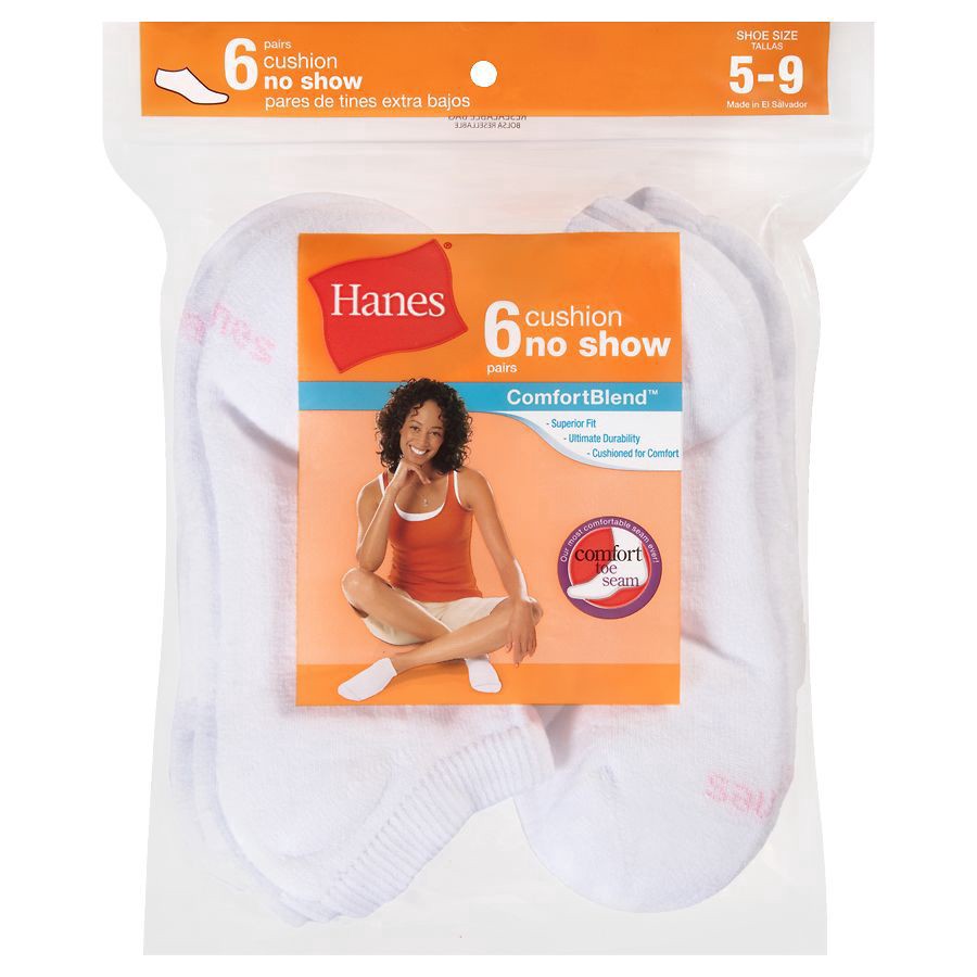 slide 1 of 2, Hanes Women's Cushion White Socks Size 5-9, No Show, 6 ct
