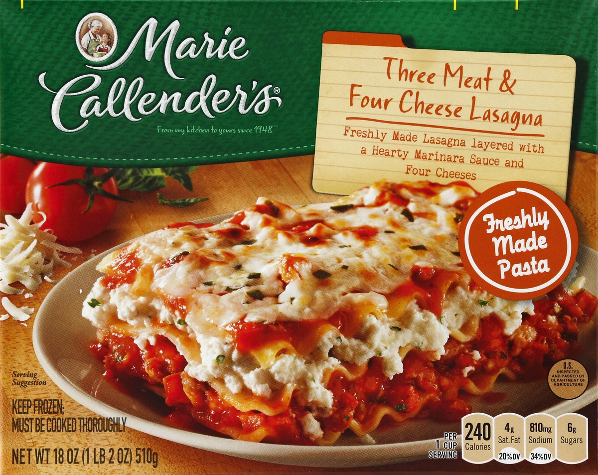 slide 4 of 4, Marie Callender's Frozen Dinner, Three Meat & Four Cheese Lasagna, 18 Ounce, 18 oz