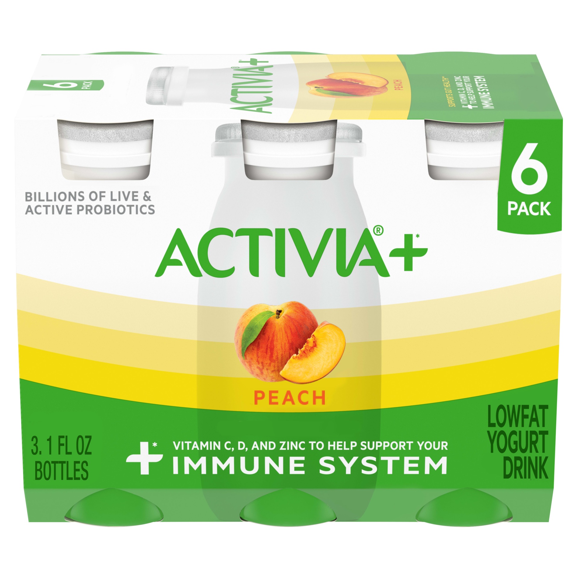 slide 1 of 1, Activia+ Probiotic Low Fat Yogurt Drink, Peach Bottles, 3.1 fl oz