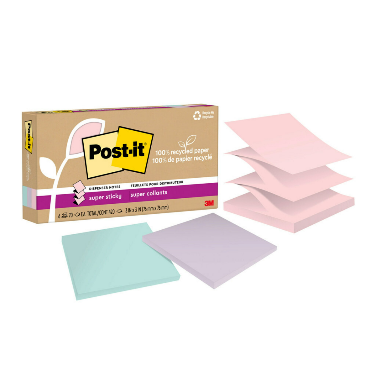 slide 1 of 5, 3M Post-it 100% Recycled Paper Super Sticky Dispenser Pop-up Notes, Wanderlust Pastels, 3 in x 3 in, 6 Pads/Pack /Pad, 1 ct