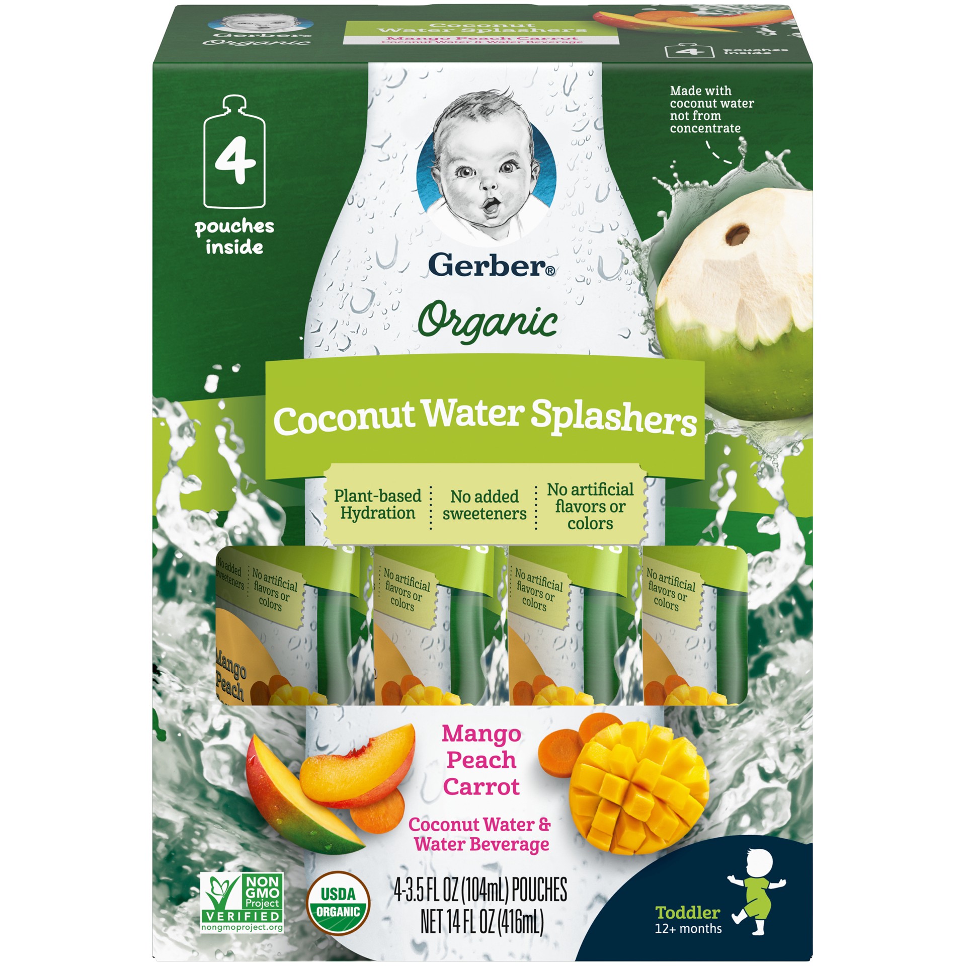 slide 1 of 5, Gerber Coconut Water Splashers Organic Plant Based Hydration Graduates, Mango Peach Carrot, 3.5 fl oz Pouch, 4 count, 15.52 oz