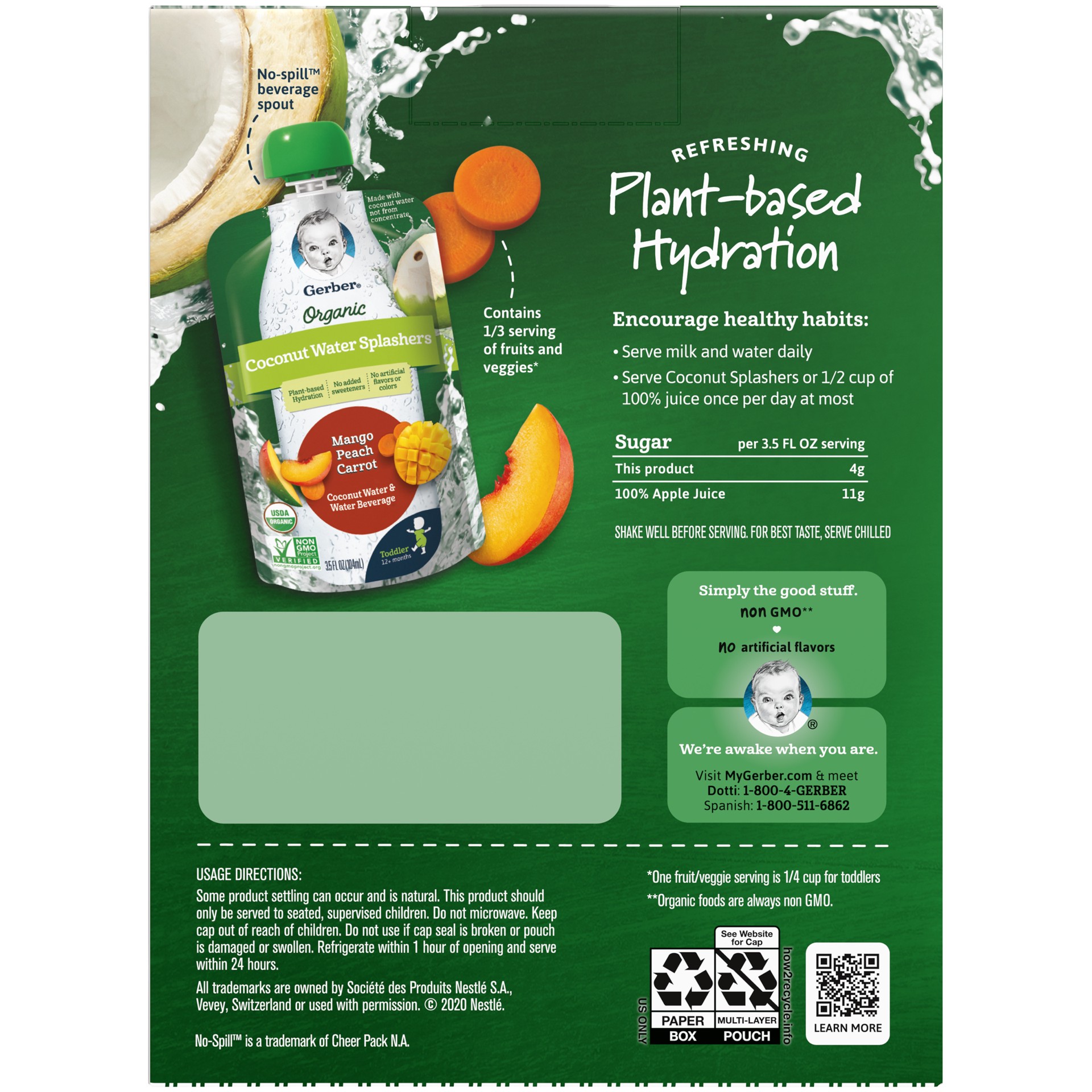 slide 2 of 5, Gerber Coconut Water Splashers Organic Plant Based Hydration Graduates, Mango Peach Carrot, 3.5 fl oz Pouch, 4 count, 15.52 oz