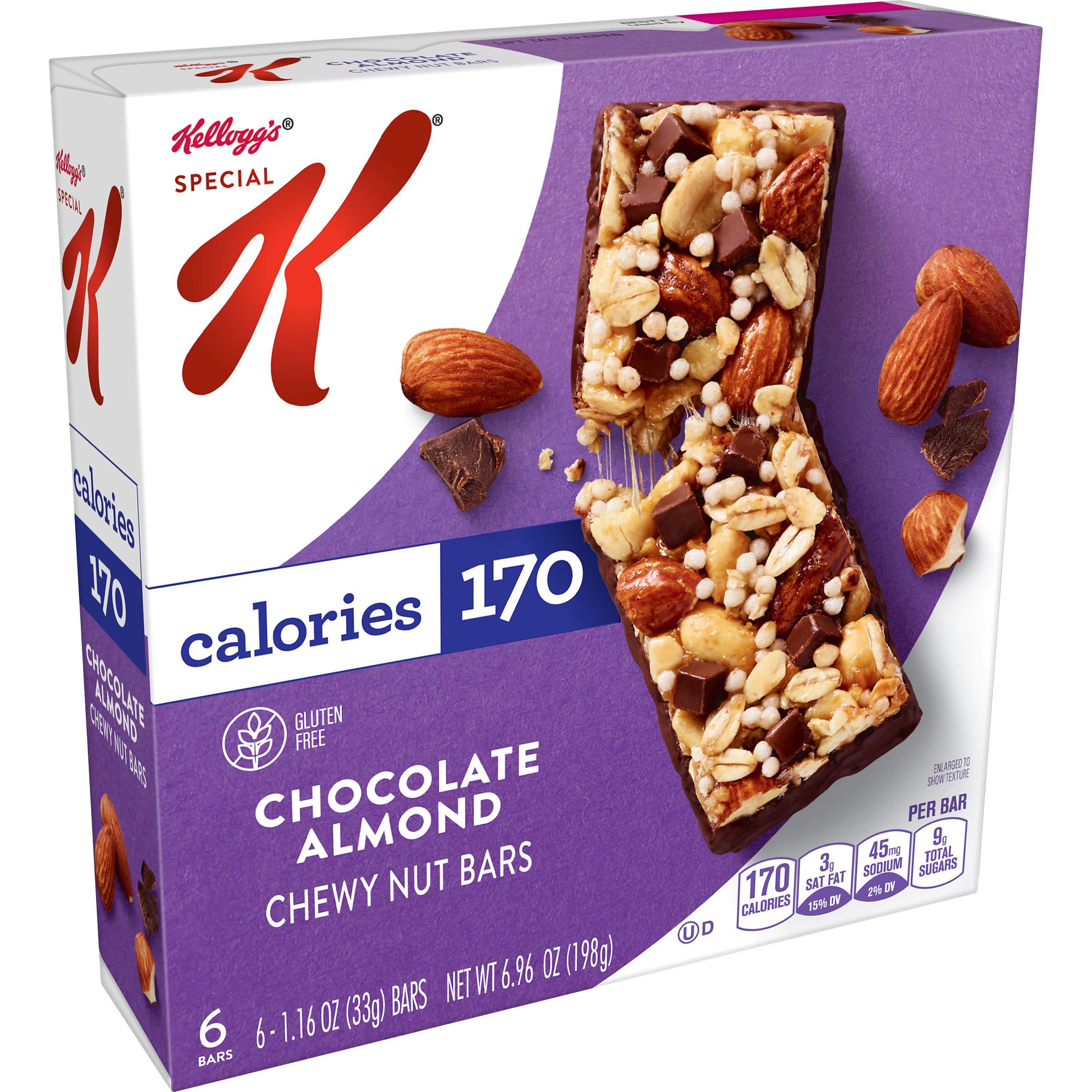 slide 1 of 13, Special K Kellogg's Special K Chewy Nut Bars, Gluten Free Snacks, 170 Calories, Chocolate Almond, 6.96oz Box, 6 Bars, 6.96 oz