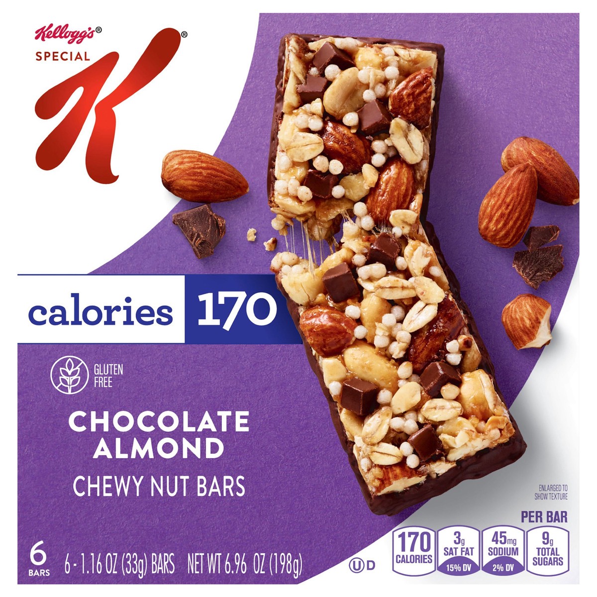 slide 10 of 13, Special K Kellogg's Special K Chewy Nut Bars, Gluten Free Snacks, 170 Calories, Chocolate Almond, 6.96oz Box, 6 Bars, 6.96 oz