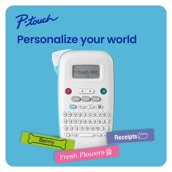 slide 5 of 10, Brother P-touch Personal Handheld Label Maker (PT-N10), Prints on P-touch Btag ~½"" (12mm) Label Tapes, 1 ct