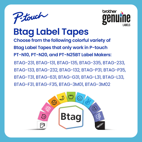 slide 4 of 10, Brother P-touch Personal Handheld Label Maker (PT-N10), Prints on P-touch Btag ~½"" (12mm) Label Tapes, 1 ct