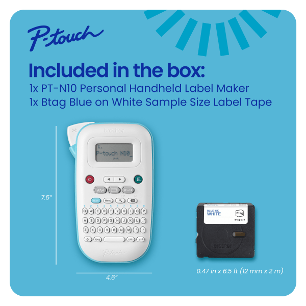slide 2 of 10, Brother P-touch Personal Handheld Label Maker (PT-N10), Prints on P-touch Btag ~½"" (12mm) Label Tapes, 1 ct