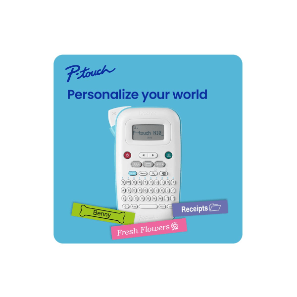 slide 9 of 10, Brother P-touch Personal Handheld Label Maker (PT-N10), Prints on P-touch Btag ~½"" (12mm) Label Tapes, 1 ct