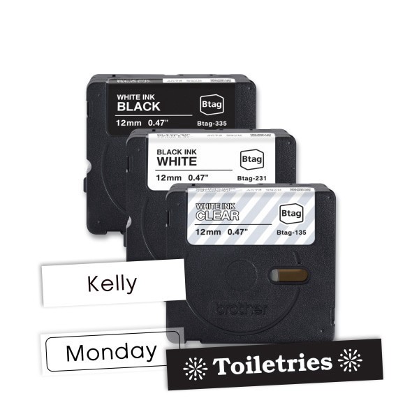 slide 8 of 10, Brother P-touch Btag Label Tape, BTAG3M01, 0.47 in by 13.1 ft , White on Clear, Black on White, White on Black, 3-Pack, 1 ct