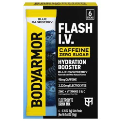 BODYARMOR Caffeine Flash IV Blue Raspberry flavored Electrolyte Mix, 0.28 oz Pouches, 6 Pack