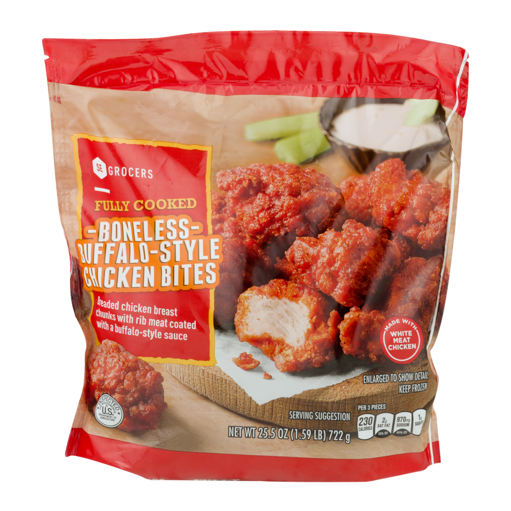 slide 1 of 1, SE Grocers Fully Cooked Boneless Buffalo-Style Chicken Bites, 25.5 oz