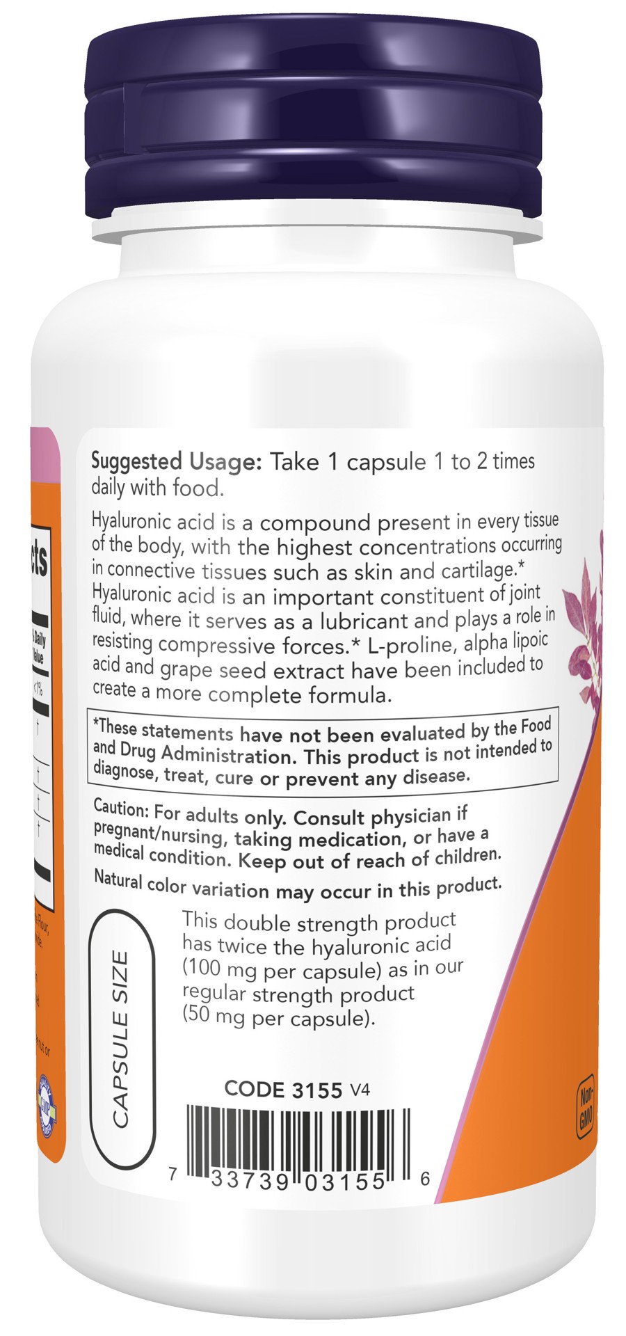 slide 2 of 4, NOW Supplements Hyaluronic Acid, Double Strength 100 mg - 60 Veg Capsules, 60 ct