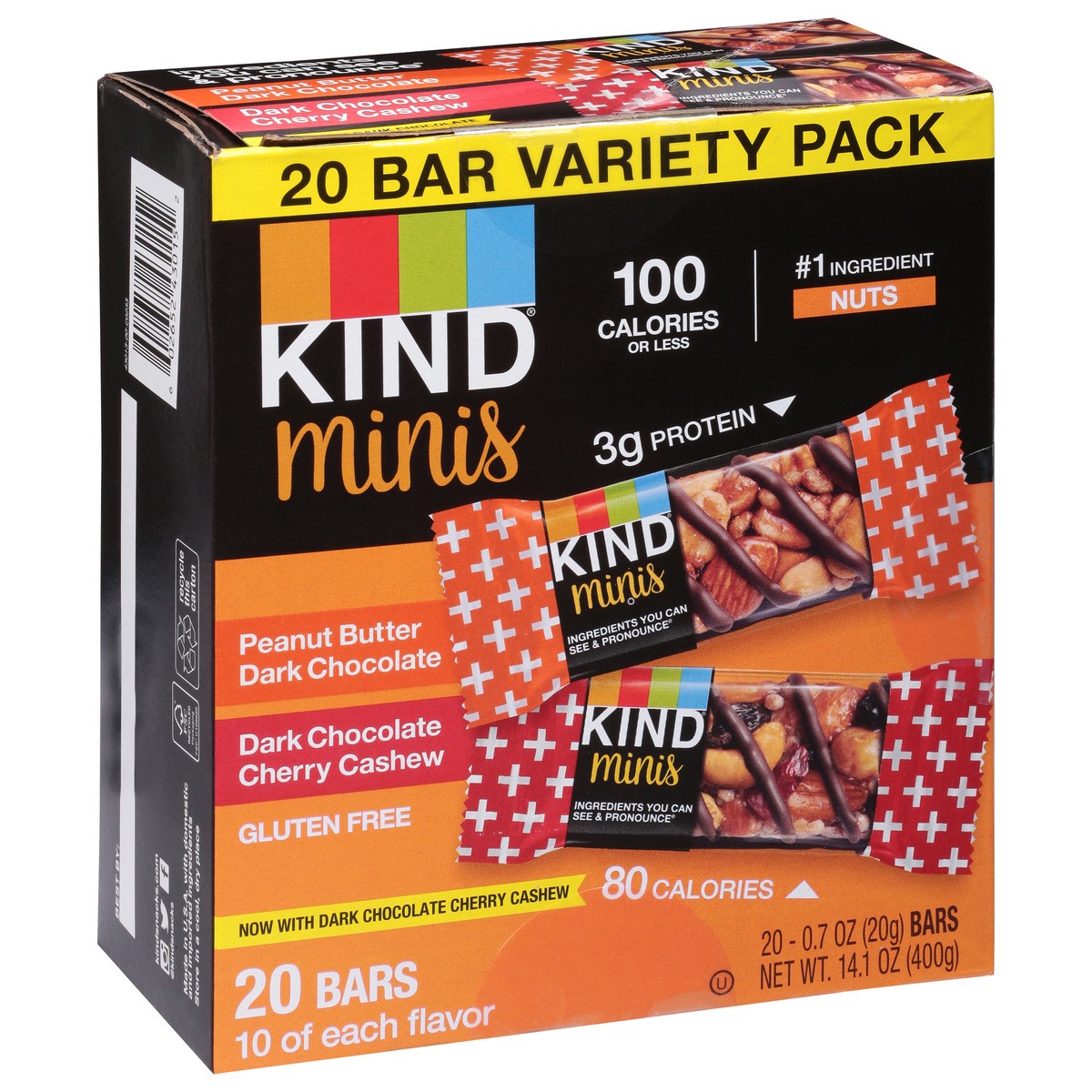 slide 9 of 12, KIND Minis Nut Bars, Peanut Butter Dark Chocolate & Dark Chocolate Cherry Cashew, 0.7 oz, 20 Count, 20 ct
