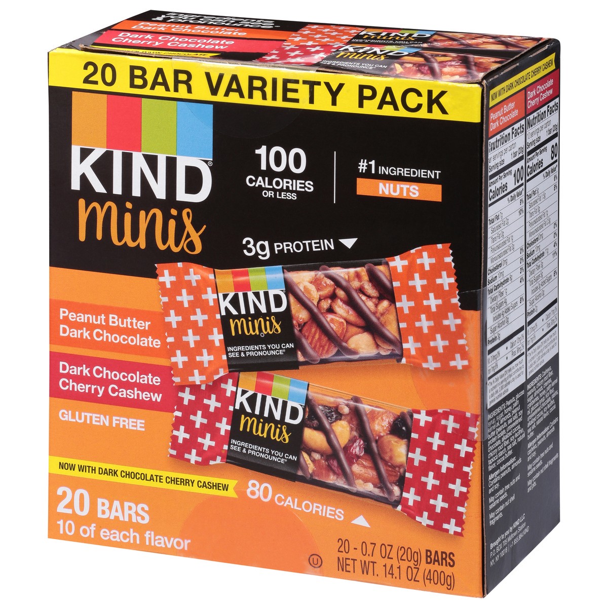slide 10 of 12, KIND Minis Nut Bars, Peanut Butter Dark Chocolate & Dark Chocolate Cherry Cashew, 0.7 oz, 20 Count, 20 ct