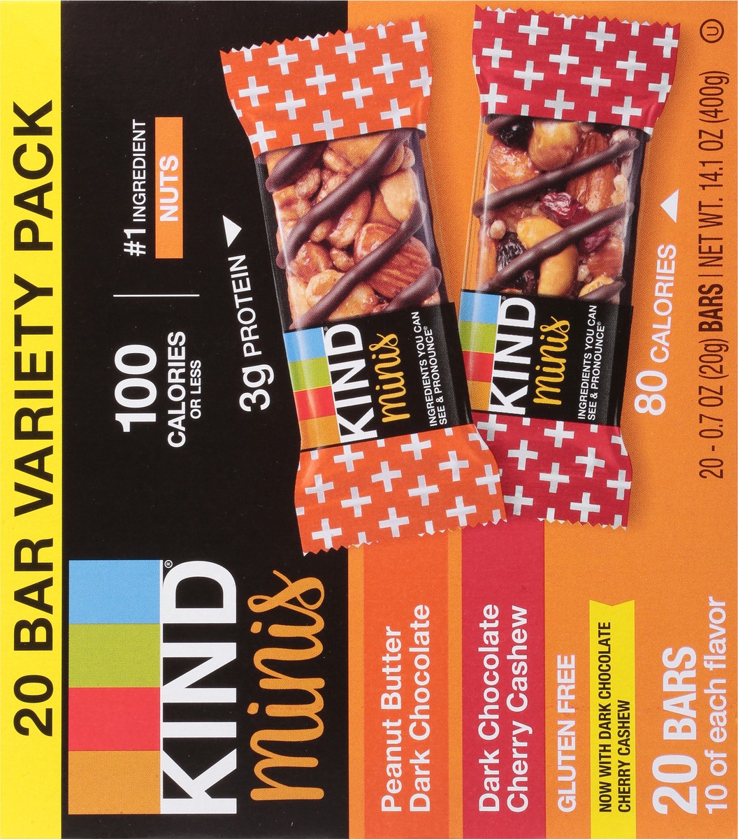 slide 12 of 12, KIND Minis Nut Bars, Peanut Butter Dark Chocolate & Dark Chocolate Cherry Cashew, 0.7 oz, 20 Count, 20 ct