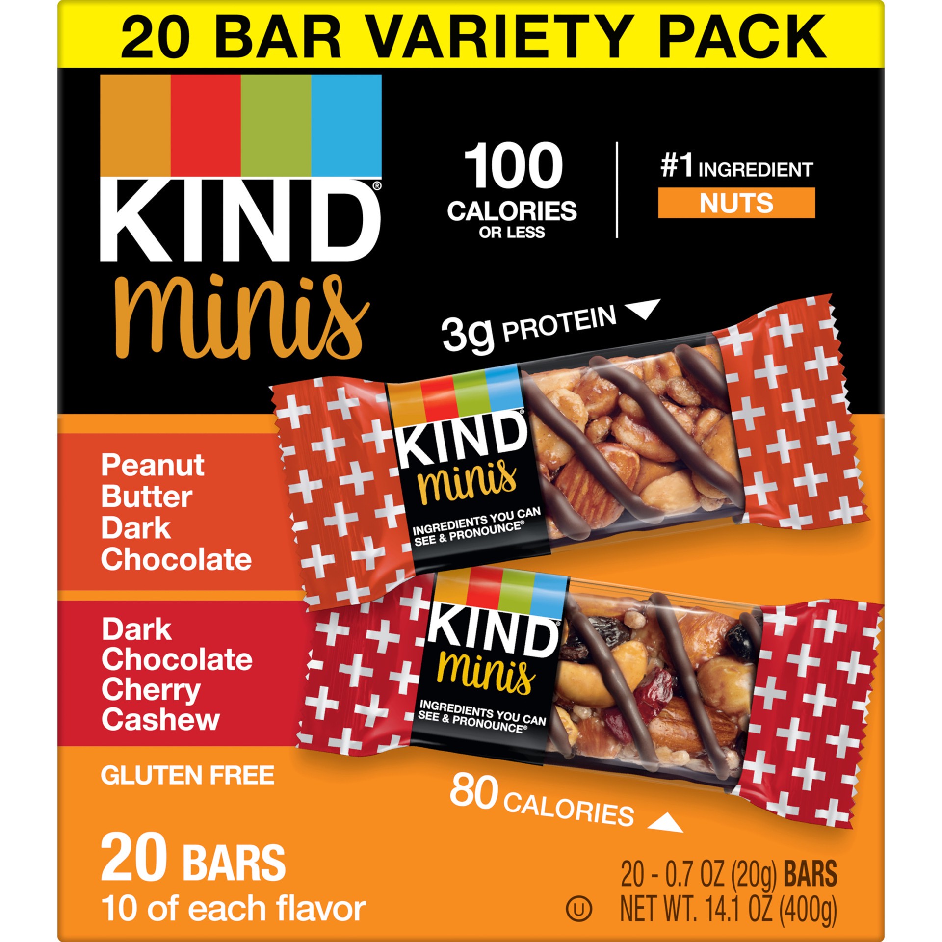 slide 1 of 12, KIND Minis Nut Bars, Peanut Butter Dark Chocolate & Dark Chocolate Cherry Cashew, 0.7 oz, 20 Count, 20 ct
