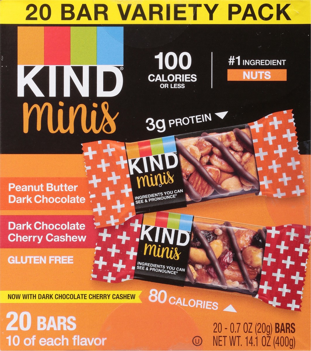 slide 6 of 12, KIND Minis Nut Bars, Peanut Butter Dark Chocolate & Dark Chocolate Cherry Cashew, 0.7 oz, 20 Count, 20 ct