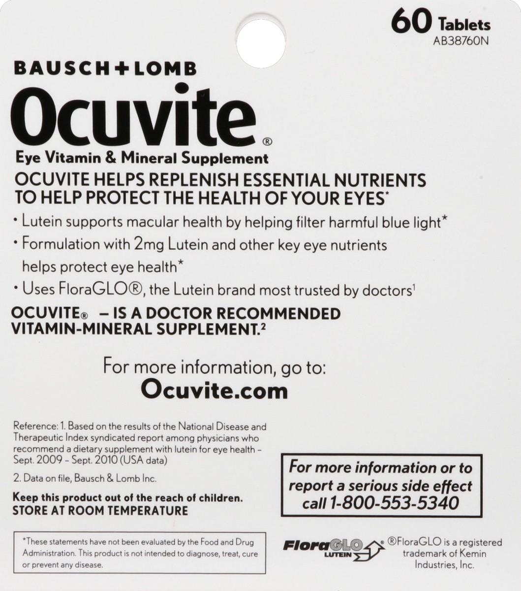 slide 5 of 5, Ocuvite Eye Vitamin & Mineral Supplement, Contains Zinc, Vitamins A, C, E, & Lutein, 60 Tablets, From Bausch + Lomb, 60 ct