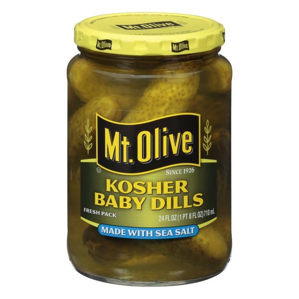 slide 1 of 6, Mt. Olive Kosher Baby Dill Pickles With Sea Salt, 24 fl oz