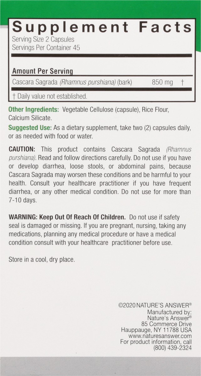 slide 8 of 9, Nature's Answer Cascara Sagrada Bark Vegetarian Capsules, 90 ct