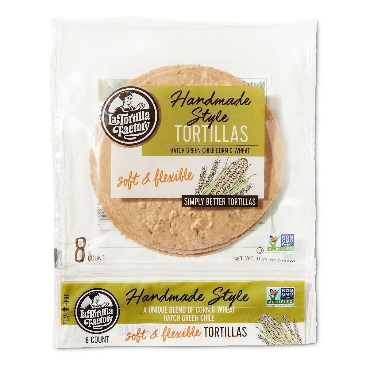 slide 1 of 3, La Tortilla Factory Hand Made Style Green Chile Style Tortillas, 11.57 oz