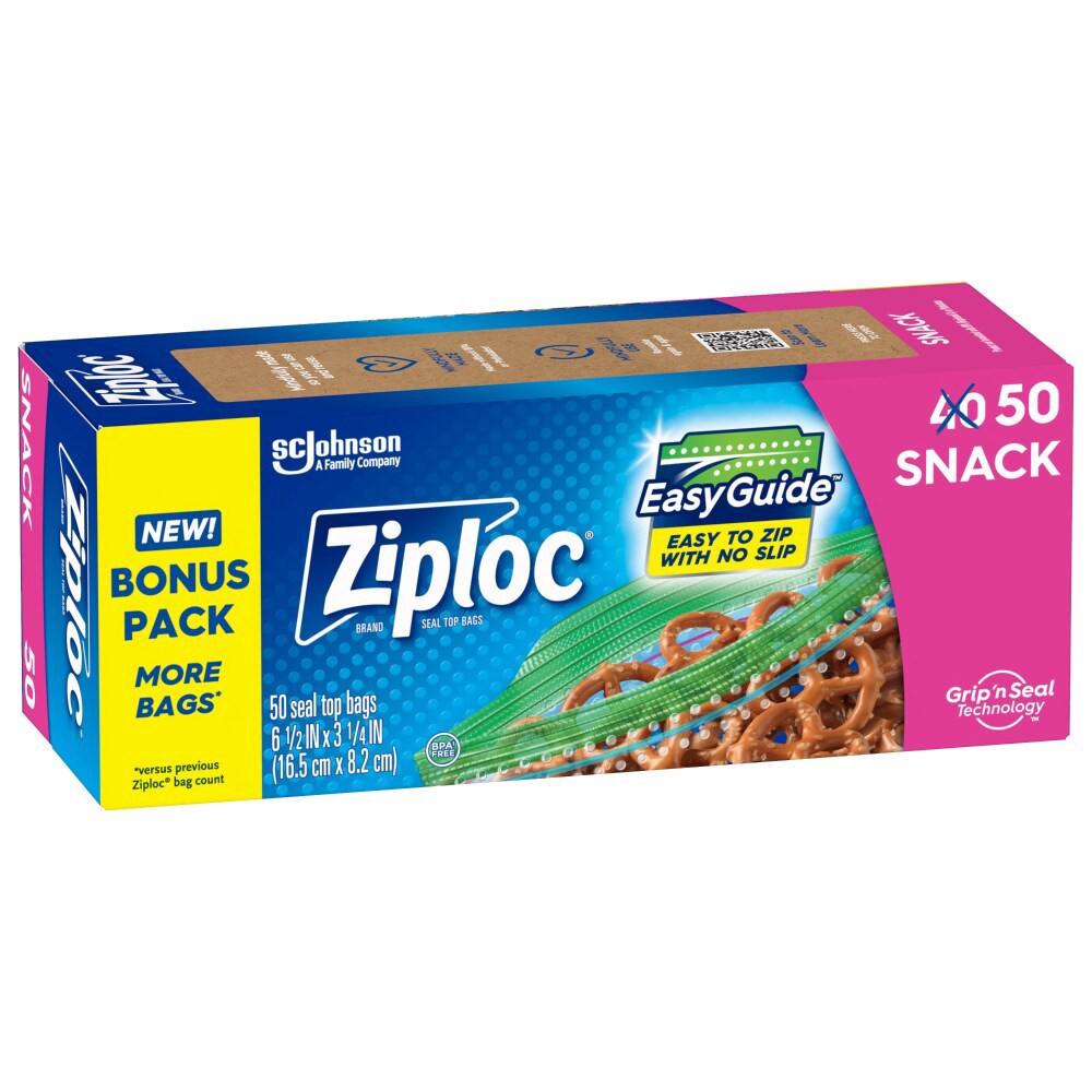 slide 4 of 4, Ziploc Brand Snack Bags with EasyGuide™ Texture, Grip ’n Seal Technology™, 50 count, 50 ct